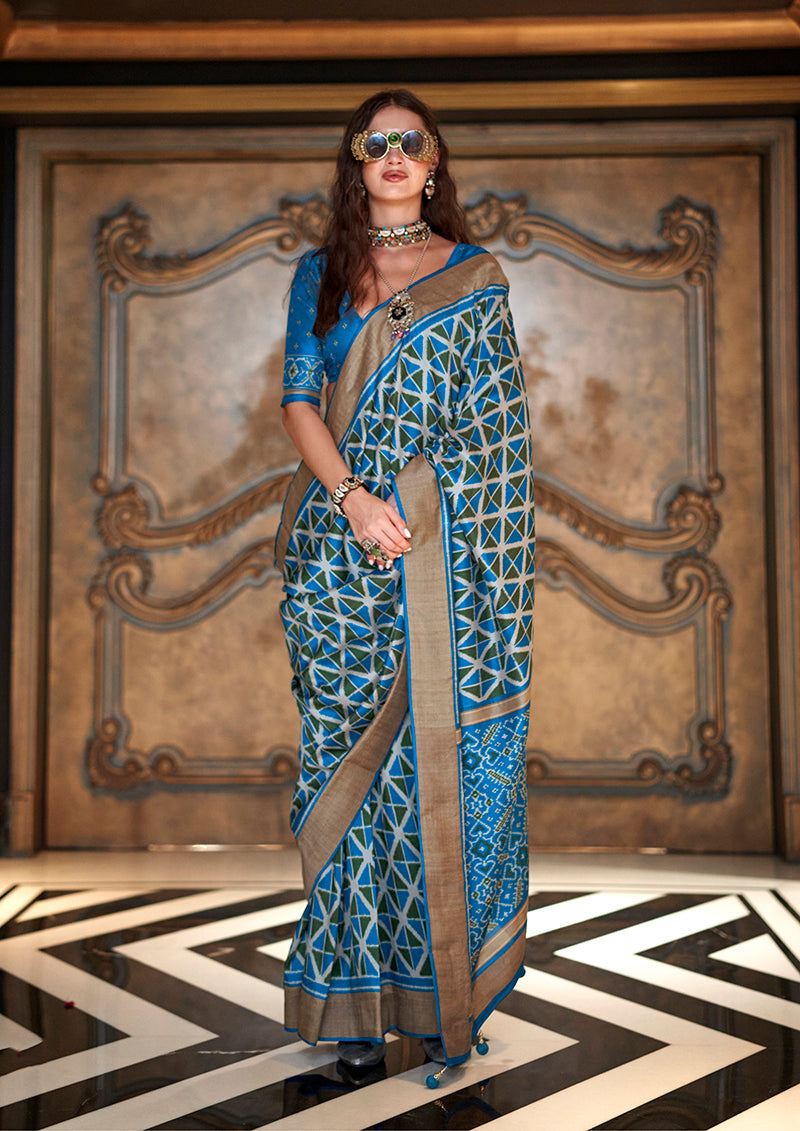Monjolika Fashion Aqua Blue Double Ikkat Silk Blend Foil Printed Saree - Distacart