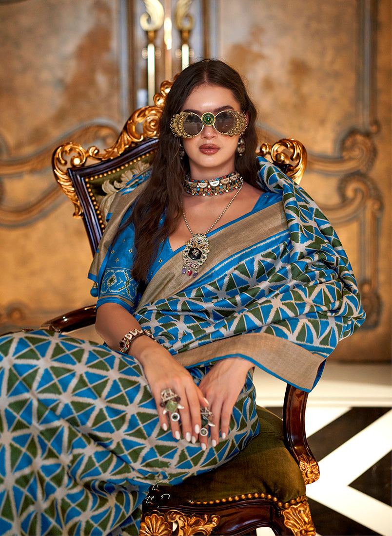Monjolika Fashion Aqua Blue Double Ikkat Silk Blend Foil Printed Saree - Distacart