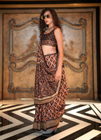 Monjolika Fashion Brown Double Ikkat Silk Blend Foil Printed Saree - Distacart