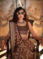 Monjolika Fashion Brown Double Ikkat Silk Blend Foil Printed Saree - Distacart