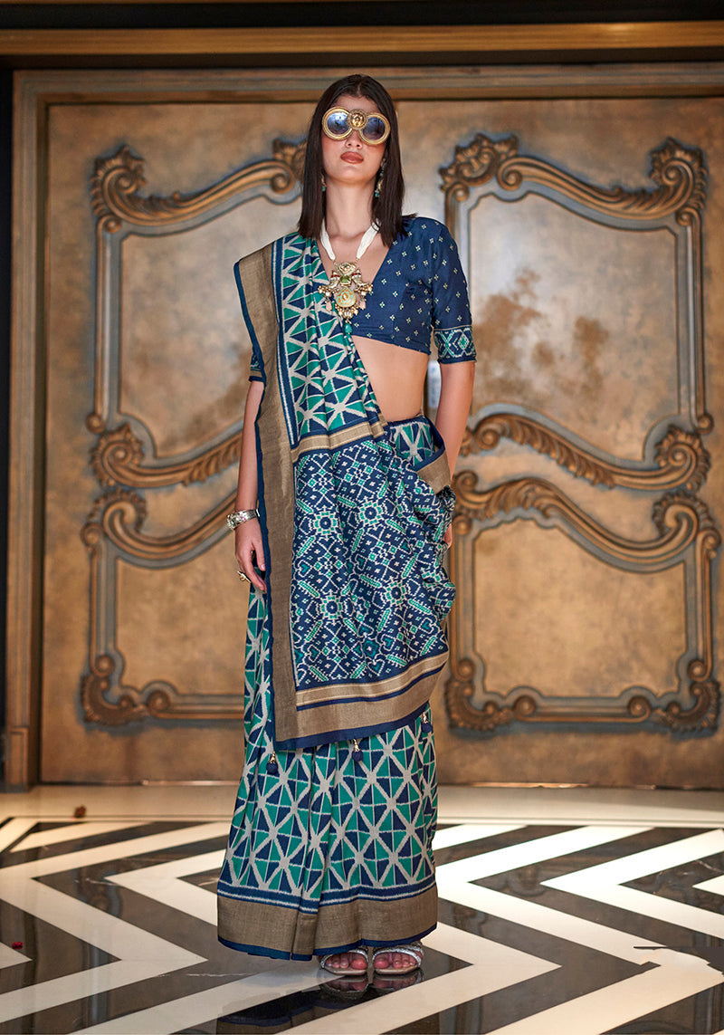 Monjolika Fashion Teal Double Ikkat Silk Blend Foil Printed Saree - Distacart