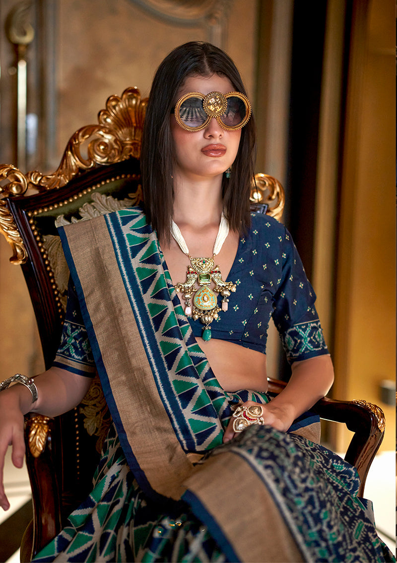 Monjolika Fashion Teal Double Ikkat Silk Blend Foil Printed Saree - Distacart