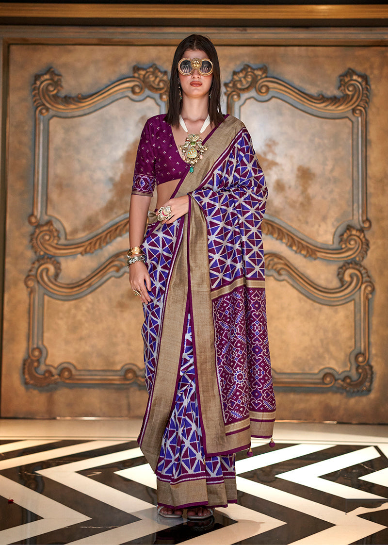 Monjolika Fashion Purple Double Ikkat Silk Blend Foil Printed Saree - Distacart