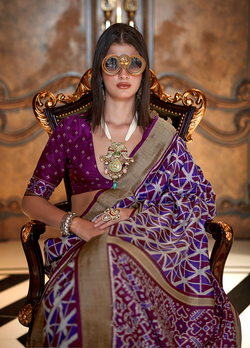 Monjolika Fashion Purple Double Ikkat Silk Blend Foil Printed Saree - Distacart