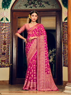 Monjolika Fashion Rani Pink Georgette With Weaving Buta Border Pallu Classic Saree - Distacart
