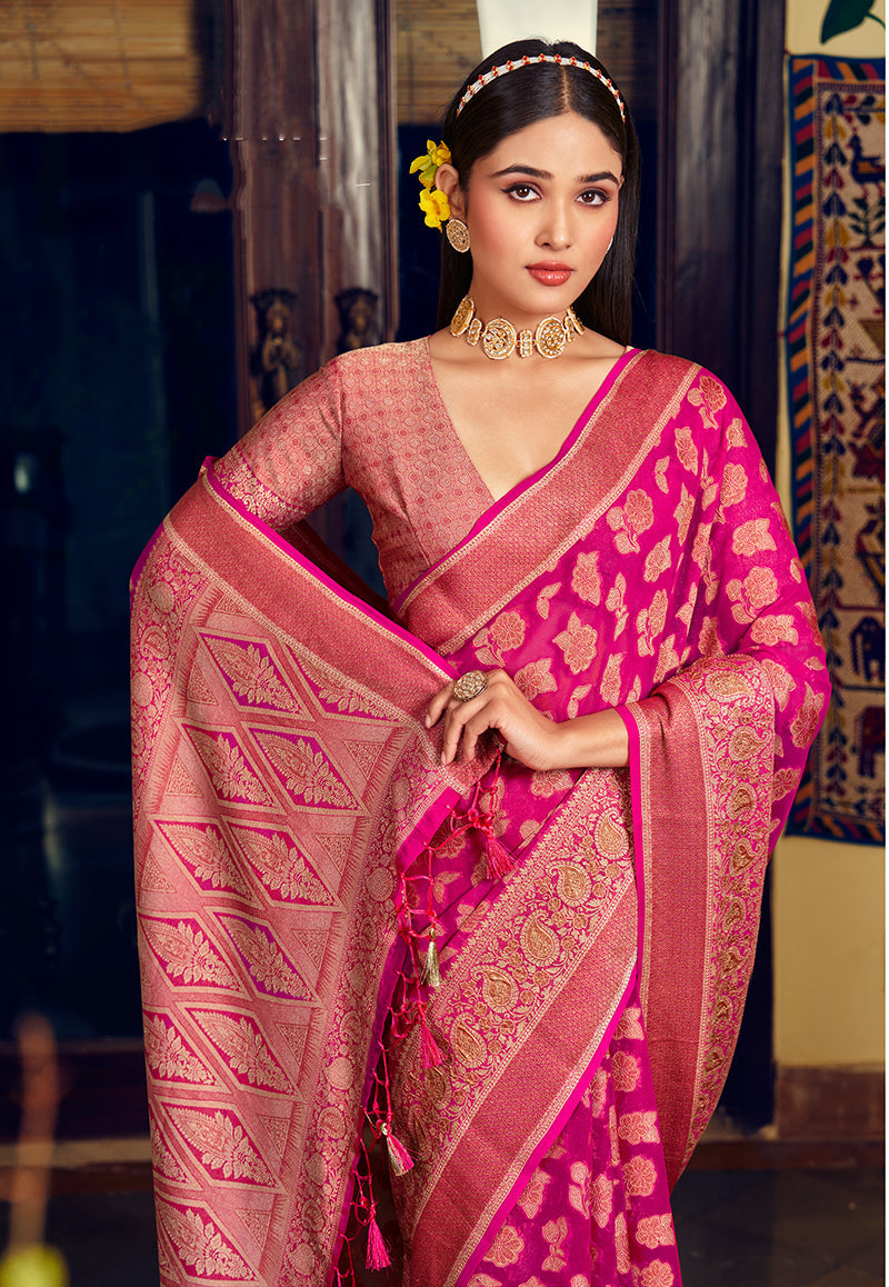 Monjolika Fashion Rani Pink Georgette With Weaving Buta Border Pallu Classic Saree - Distacart