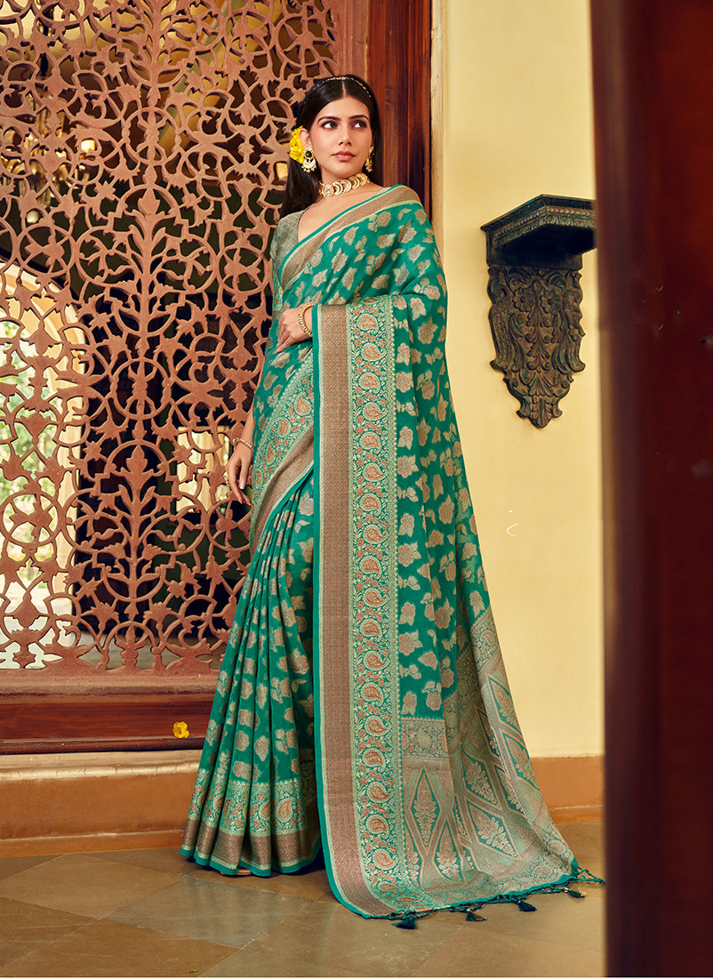 Monjolika Fashion Turquoise Georgette With Weaving Buta Border Pallu Classic Saree - Distacart