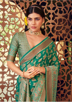 Monjolika Fashion Turquoise Georgette With Weaving Buta Border Pallu Classic Saree - Distacart