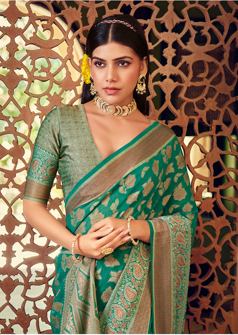 Monjolika Fashion Turquoise Georgette With Weaving Buta Border Pallu Classic Saree - Distacart