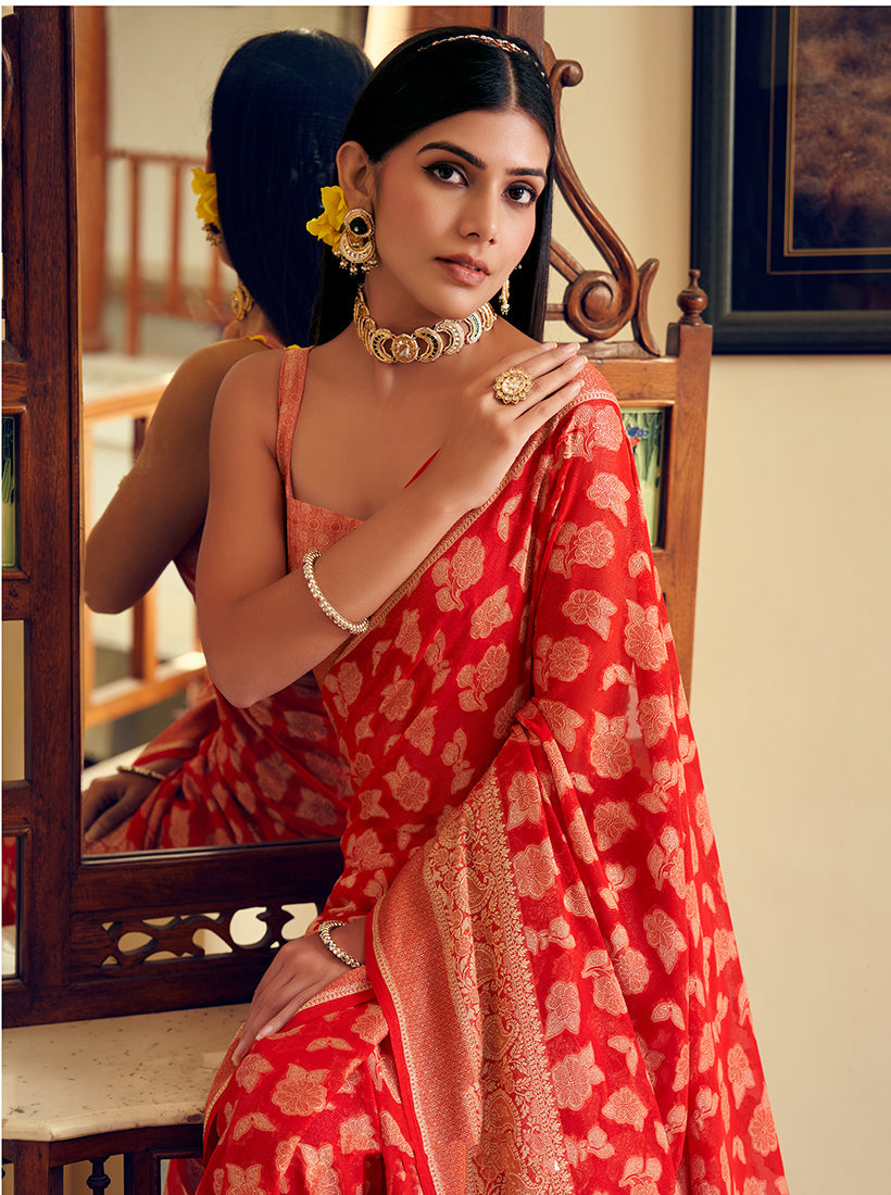Monjolika Fashion Red Georgette With Weaving Buta Border Pallu Classic Saree - Distacart