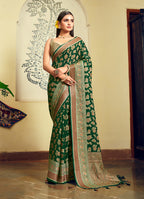 Monjolika Fashion Green Georgette With Weaving Buta Border Pallu Classic Saree - Distacart