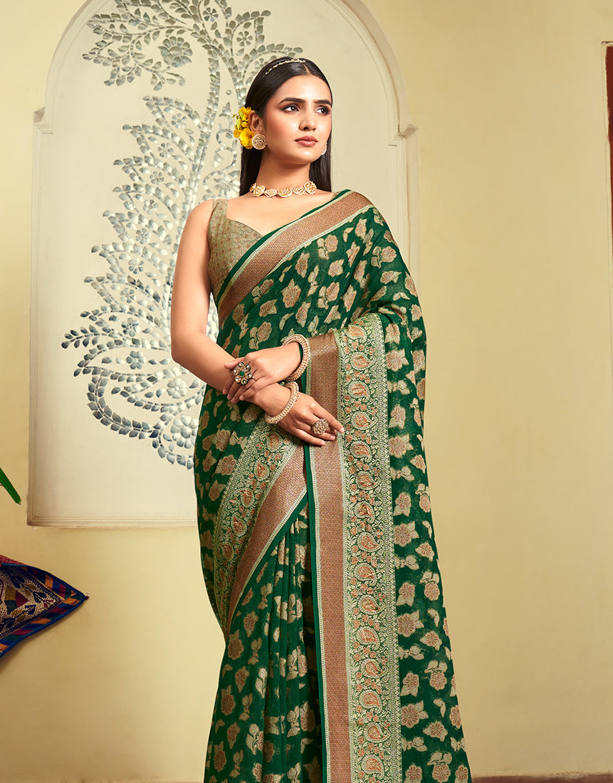 Monjolika Fashion Green Georgette With Weaving Buta Border Pallu Classic Saree - Distacart