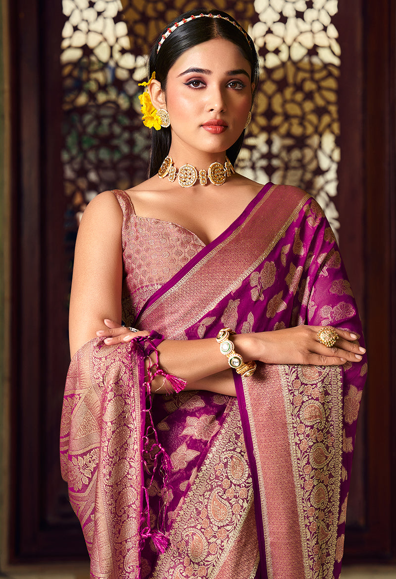 Monjolika Fashion Purple Georgette With Weaving Buta Border Pallu Classic Saree - Distacart