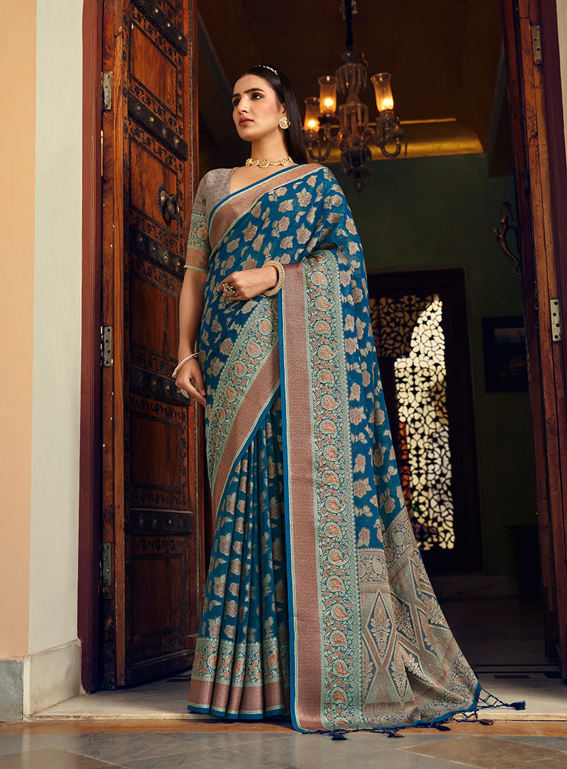 Monjolika Fashion Blue Georgette With Weaving Buta Border Pallu Classic Saree - Distacart