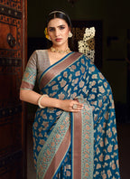 Monjolika Fashion Blue Georgette With Weaving Buta Border Pallu Classic Saree - Distacart