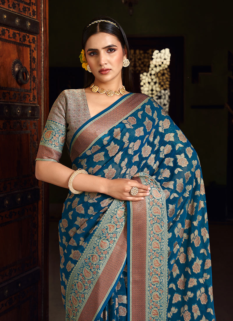 Monjolika Fashion Blue Georgette With Weaving Buta Border Pallu Classic Saree - Distacart