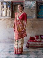 Monjolika Fashion Silk Blend Cream and Red Patola Print Classic Festival Wear Saree - Distacart
