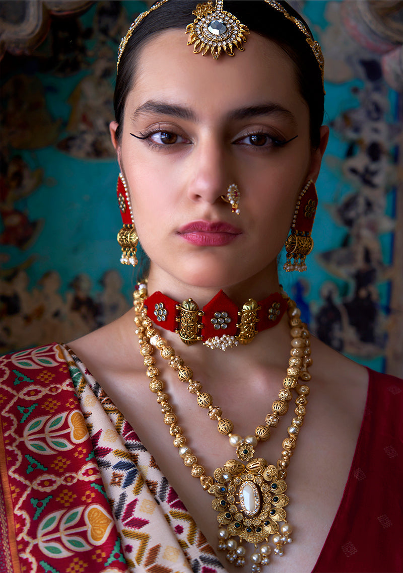 Monjolika Fashion Silk Blend Cream and Red Patola Print Classic Festival Wear Saree - Distacart