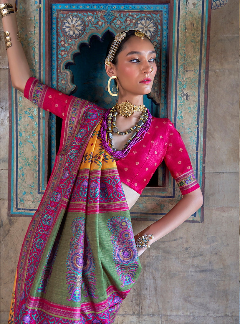 Monjolika Fashion Silk Blend Yellow and Hot Pink Patola Print Classic Festival Wear Saree - Distacart