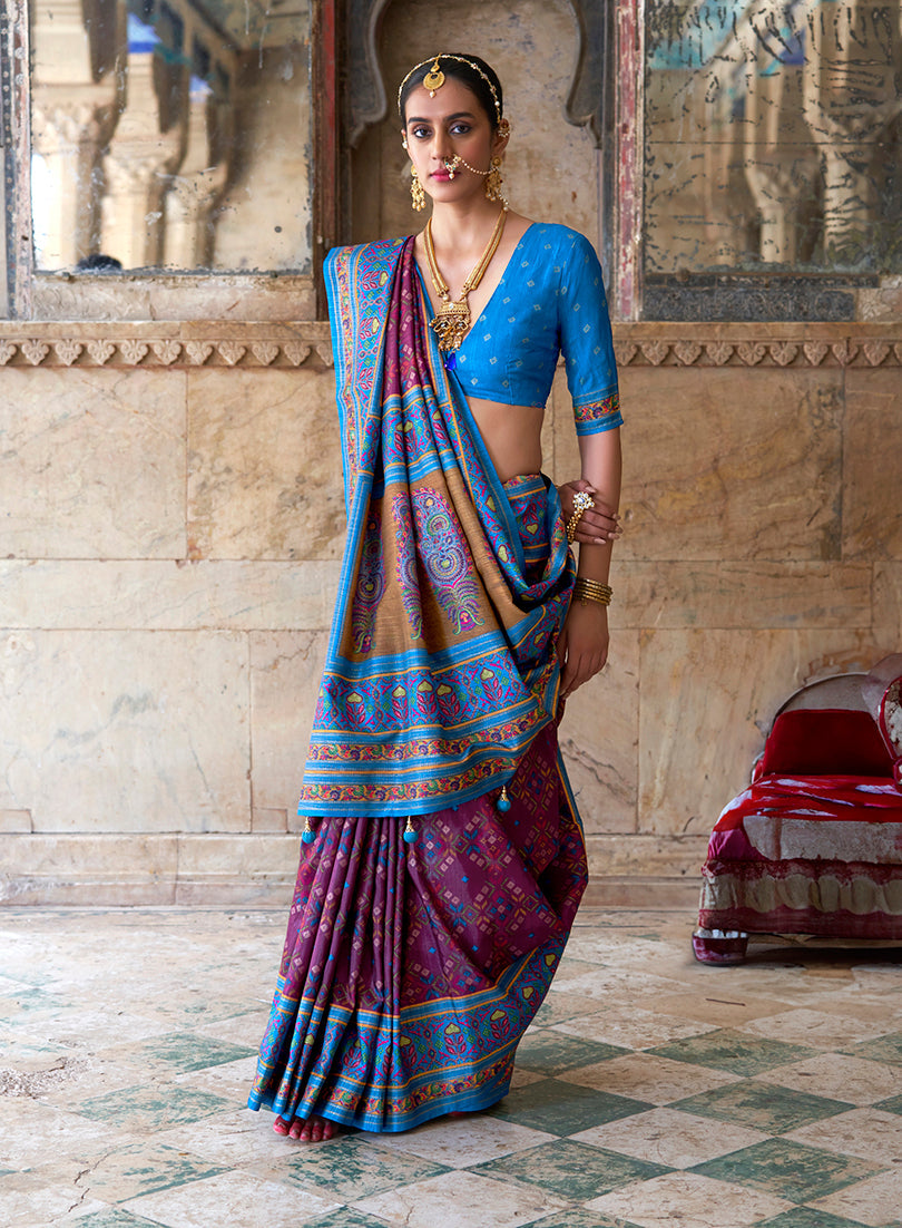 Monjolika Fashion Silk Blend Purple and Aqua Blue Patola Print Classic Festival Wear Saree - Distacart
