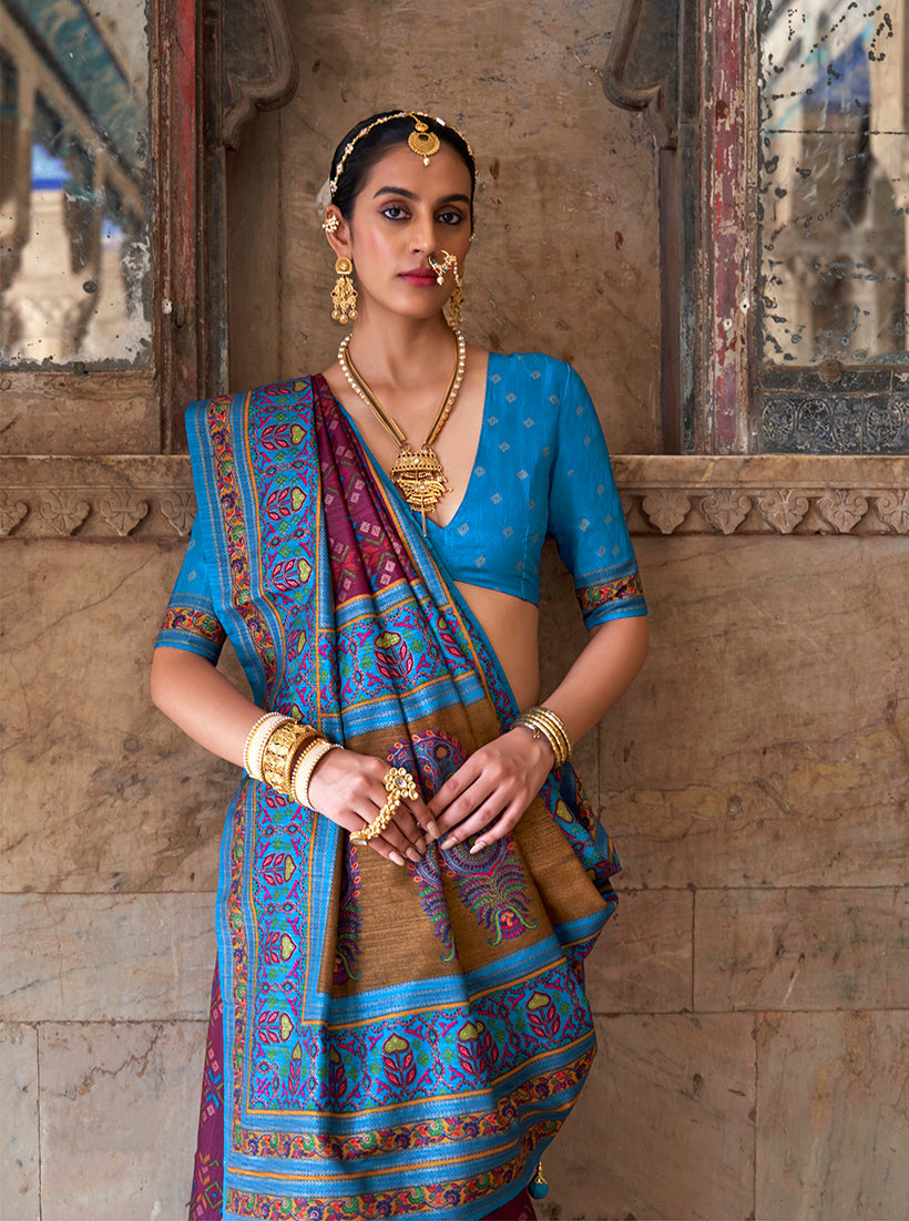 Monjolika Fashion Silk Blend Purple and Aqua Blue Patola Print Classic Festival Wear Saree - Distacart