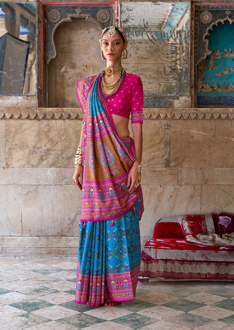 Monjolika Fashion Silk Blend Aqua Blue and Pink Patola Print Classic Festival Wear Saree - Distacart