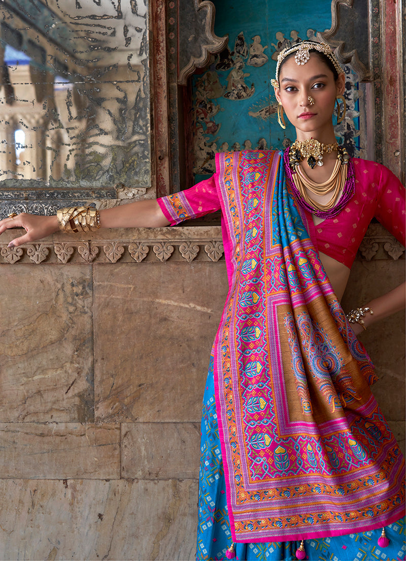 Monjolika Fashion Silk Blend Aqua Blue and Pink Patola Print Classic Festival Wear Saree - Distacart