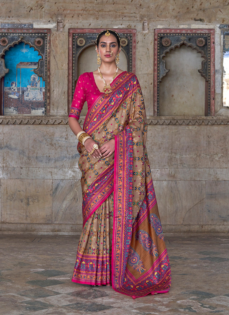 Monjolika Fashion Silk Blend Beige and Pink Patola Print Classic Festival Wear Saree - Distacart