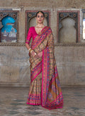 Monjolika Fashion Silk Blend Beige and Pink Patola Print Classic Festival Wear Saree - Distacart