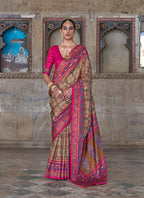 Monjolika Fashion Silk Blend Beige and Pink Patola Print Classic Festival Wear Saree - Distacart
