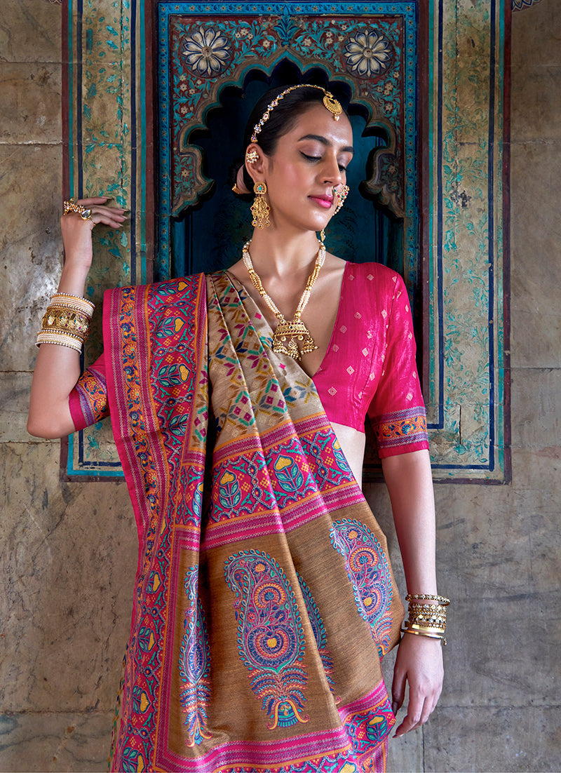 Monjolika Fashion Silk Blend Beige and Pink Patola Print Classic Festival Wear Saree - Distacart
