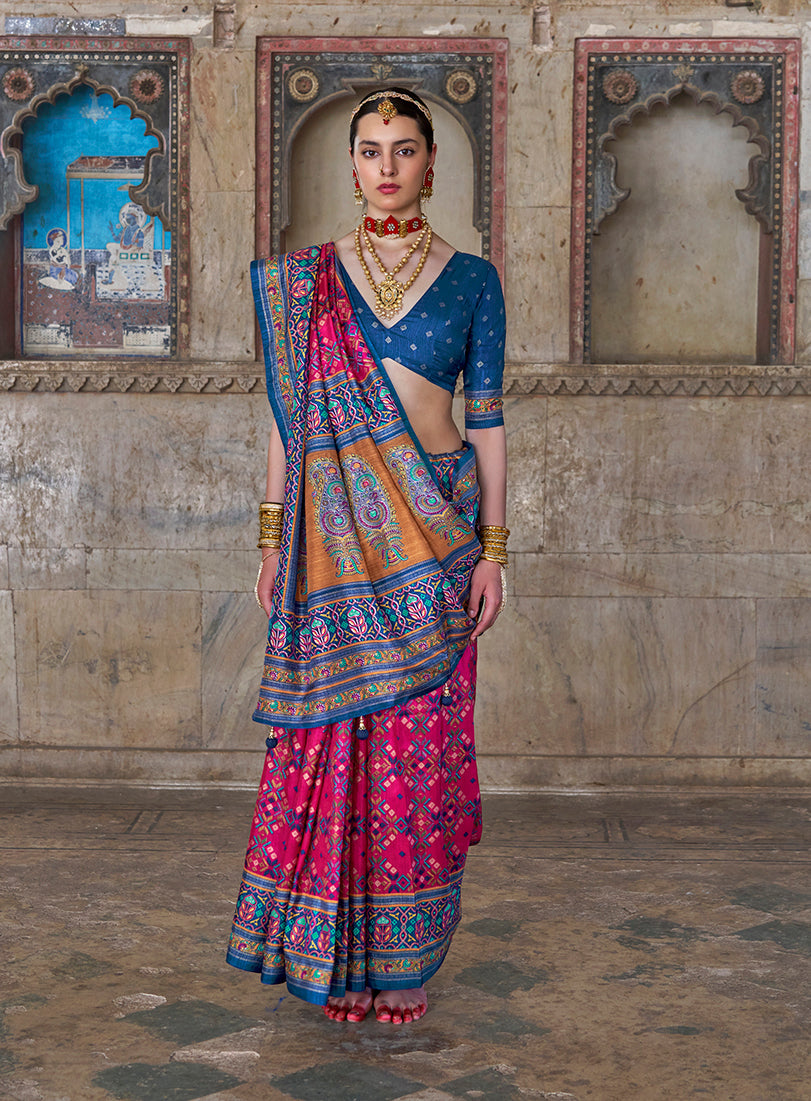 Monjolika Fashion Silk Blend Rani Pink and Blue Patola Print Classic Festival Wear Saree - Distacart