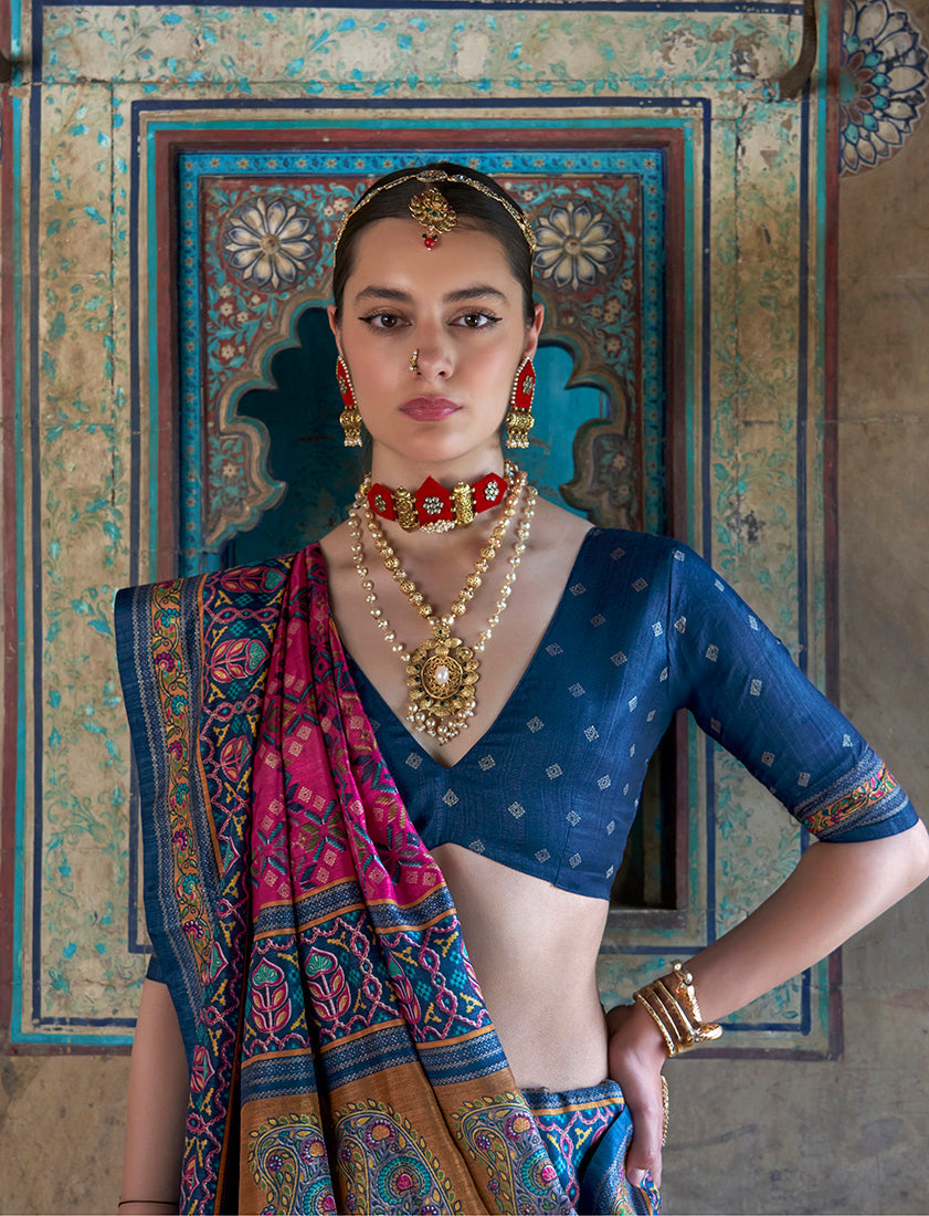 Monjolika Fashion Silk Blend Rani Pink and Blue Patola Print Classic Festival Wear Saree - Distacart