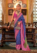Monjolika Fashion Navy blue Patola Design Zari Work Traditional Silk Blend Saree - Distacart