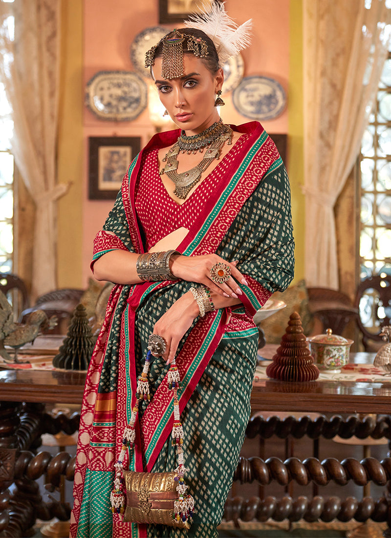 Monjolika Fashion Dark Green Patola Design Zari Work Traditional Silk Blend Saree - Distacart
