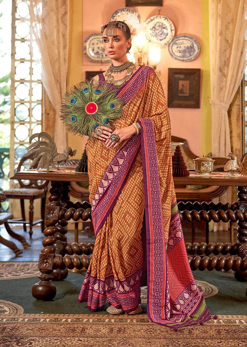 Monjolika Fashion Mustard Patola Design Zari Work Traditional Silk Blend Saree - Distacart