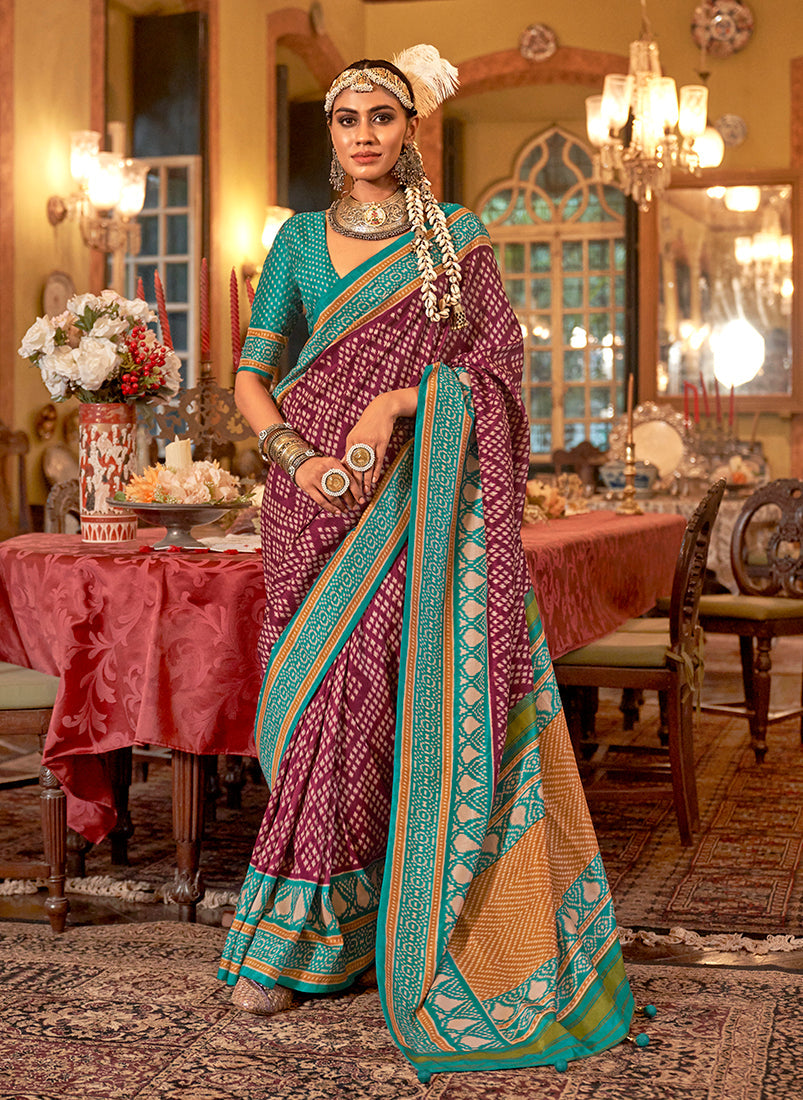 Monjolika Fashion Wine & Turquoise Patola Design Zari Work Traditional Silk Blend Saree - Distacart
