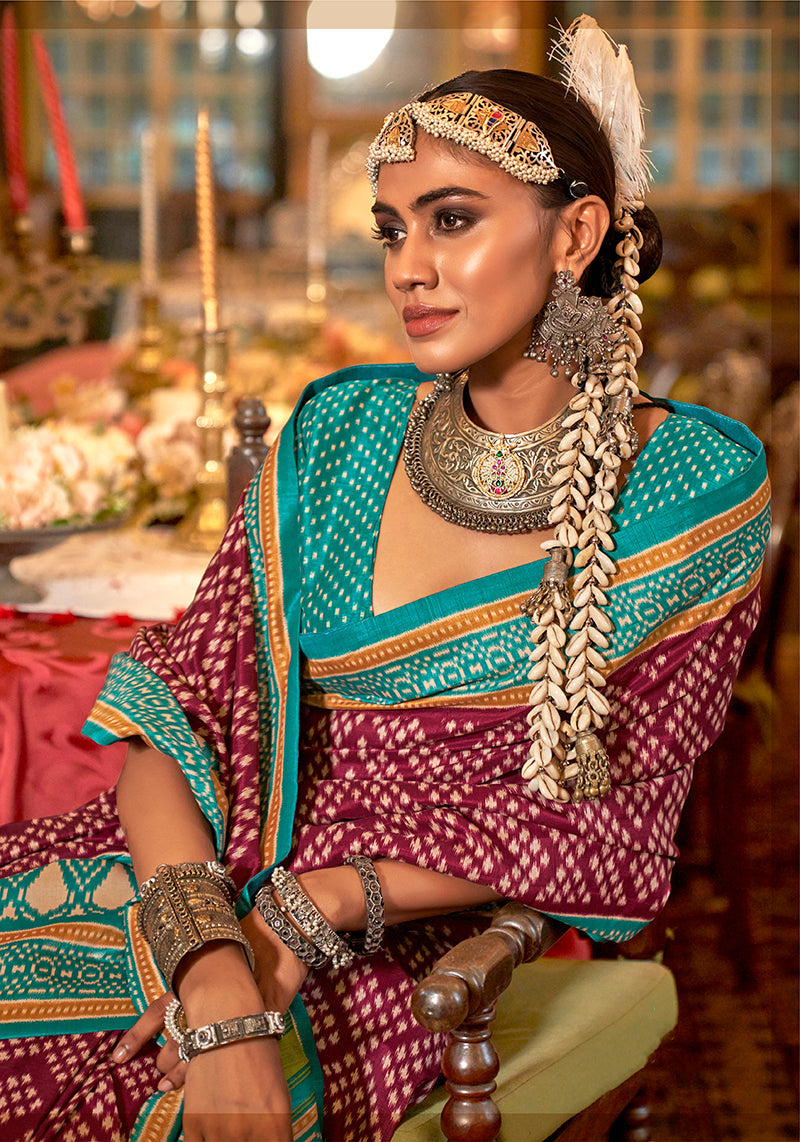 Monjolika Fashion Wine & Turquoise Patola Design Zari Work Traditional Silk Blend Saree - Distacart