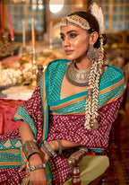 Monjolika Fashion Wine & Turquoise Patola Design Zari Work Traditional Silk Blend Saree - Distacart