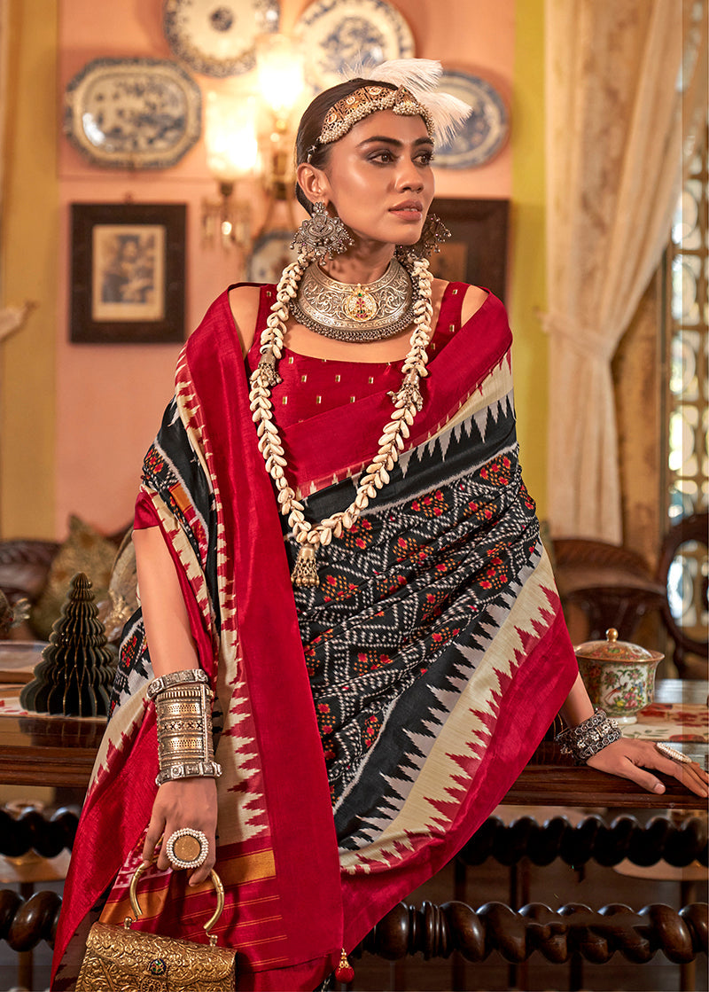 Monjolika Fashion Black & Red Patola Design Zari Work Traditional Silk Blend Saree - Distacart