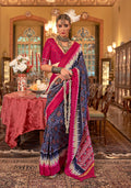 Monjolika Fashion Navy blue & Hot Pink Patola Design Zari Work Traditional Silk Blend Saree - Distacart
