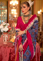 Monjolika Fashion Navy blue & Hot Pink Patola Design Zari Work Traditional Silk Blend Saree - Distacart
