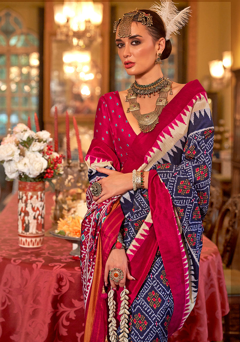 Monjolika Fashion Navy blue & Hot Pink Patola Design Zari Work Traditional Silk Blend Saree - Distacart