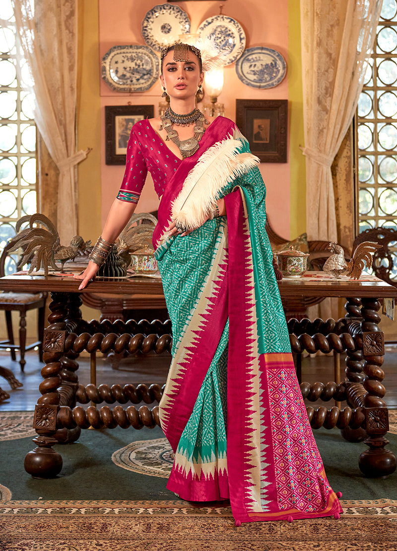Monjolika Fashion Turquoise & Hot Pink Patola Design Zari Work Traditional Silk Blend Saree - Distacart
