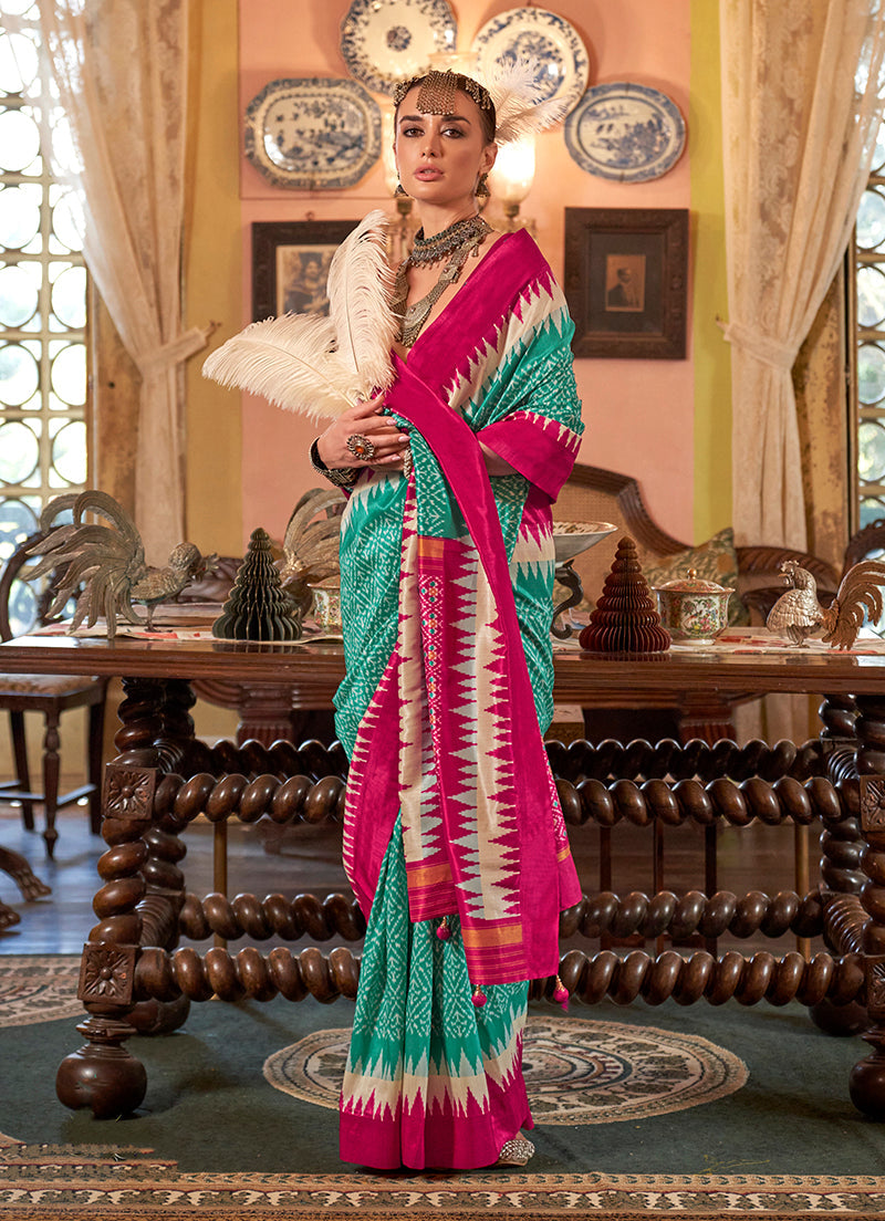 Monjolika Fashion Turquoise & Hot Pink Patola Design Zari Work Traditional Silk Blend Saree - Distacart