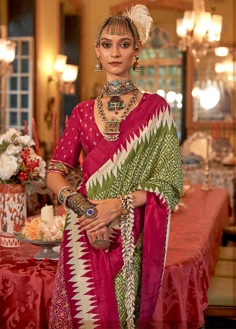 Monjolika Fashion Olive Green & Burgundy Patola Design Zari Work Traditional Silk Blend Saree - Distacart