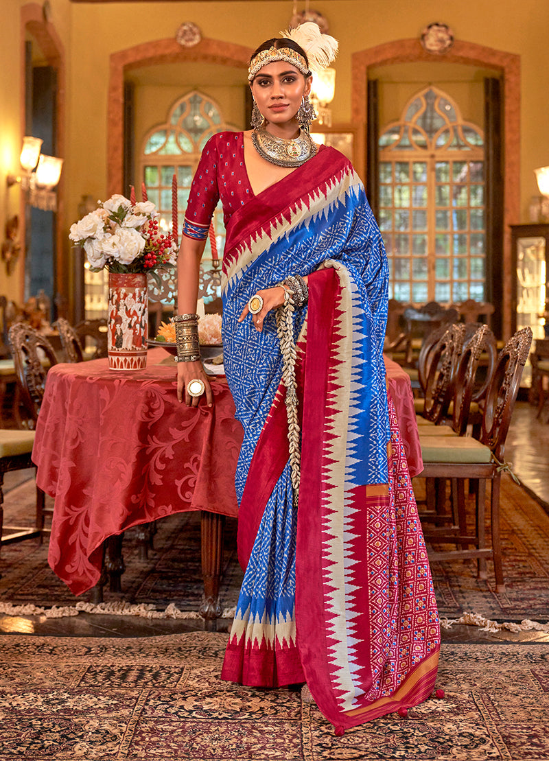 Monjolika Fashion Royal Blue & Rani Pink Patola Design Zari Work Traditional Silk Blend Saree - Distacart