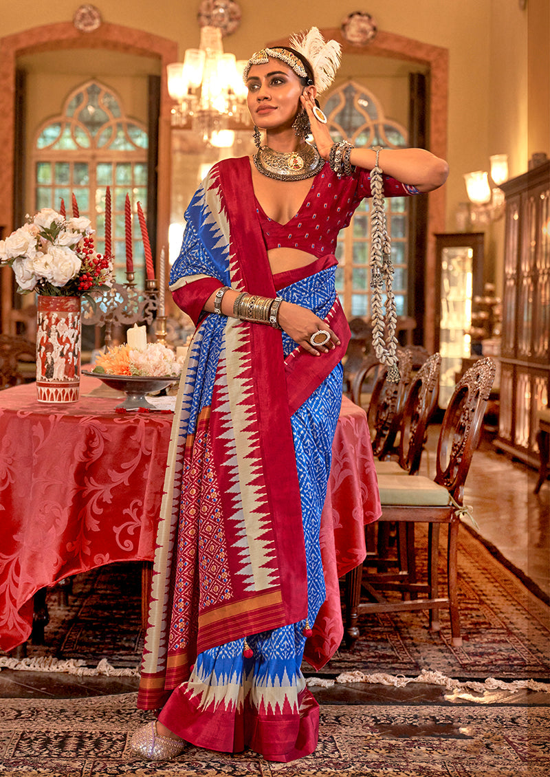 Monjolika Fashion Royal Blue & Rani Pink Patola Design Zari Work Traditional Silk Blend Saree - Distacart