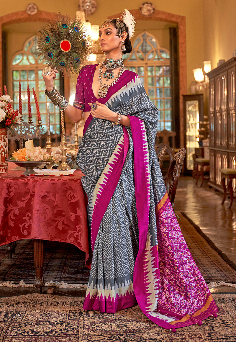 Monjolika Fashion Grey & Magenta Patola Design Zari Work Traditional Silk Blend Saree - Distacart