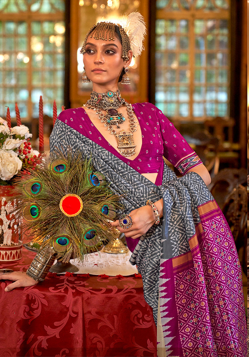 Monjolika Fashion Grey & Magenta Patola Design Zari Work Traditional Silk Blend Saree - Distacart